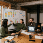 Team brainstorming Tiimatuvat workflow at a Finnish cabin sprint board.