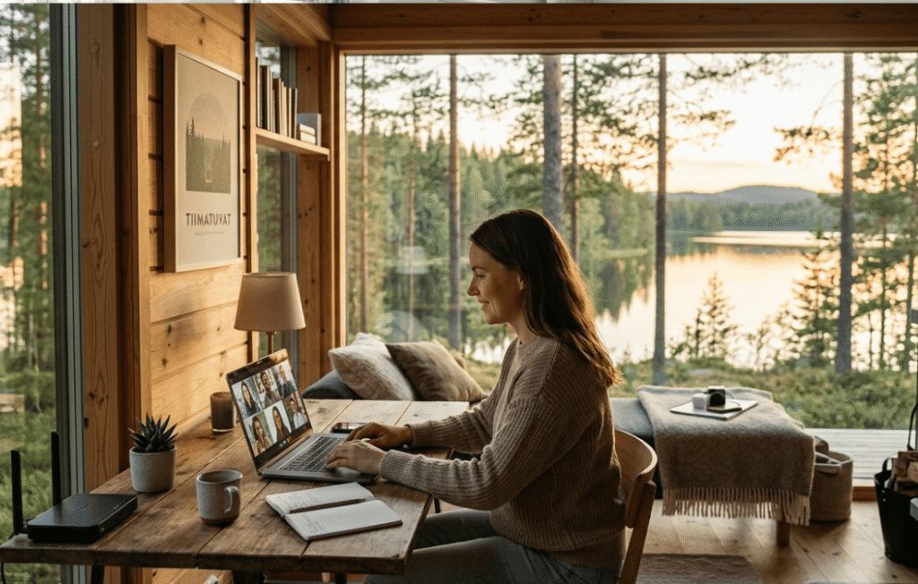 A modern remote professional working on a laptop at a minimal desk in a peaceful cabin. Behind them, through a large window, a remote, forested lakeside landscape is visible, perfectly capturing the tiimatuvat philosophy of balancing digital work with nature-connected living.