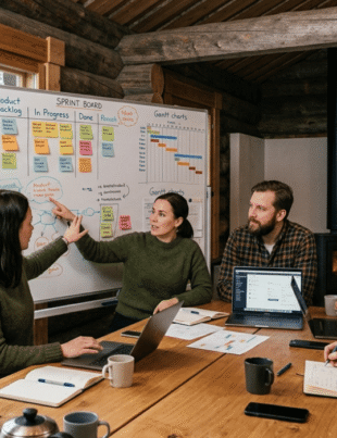 Team brainstorming Tiimatuvat workflow at a Finnish cabin sprint board.