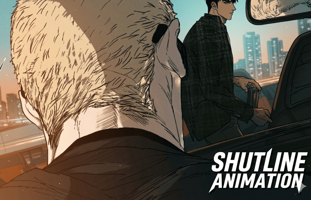 Jake Gillan and Moon Shin-gun in a cinematic car scene from the Shutline manhwa animation, with city view at sunset.