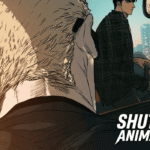 Jake Gillan and Moon Shin-gun in a cinematic car scene from the Shutline manhwa animation, with city view at sunset.