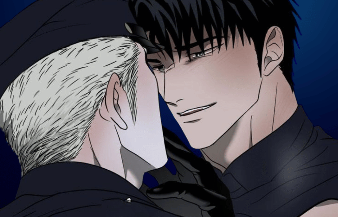 Close-up of Jake Gillan and Moon Shin-gun from the Shutline manga. Jake has dark hair and a smirk, leaning toward a blonde Shin-gun in a dark cap against a blue background.