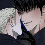 Close-up of Jake Gillan and Moon Shin-gun from the Shutline manga. Jake has dark hair and a smirk, leaning toward a blonde Shin-gun in a dark cap against a blue background.