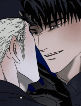 Close-up of Jake Gillan and Moon Shin-gun from the Shutline manga. Jake has dark hair and a smirk, leaning toward a blonde Shin-gun in a dark cap against a blue background.
