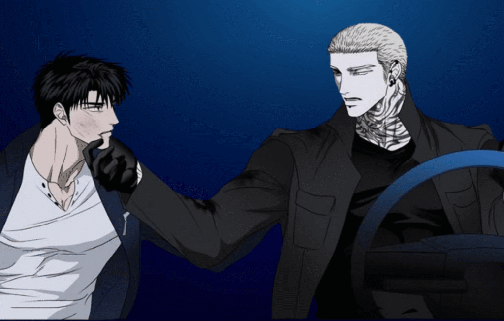 Jake Gillan and Moon Shin-gun from the Shutline manhwa. Jake, with blonde hair and neck tattoos, holds Shin-gun’s chin while sitting in a car. Shin-gun has dark hair and a bruised face. Dark blue background.