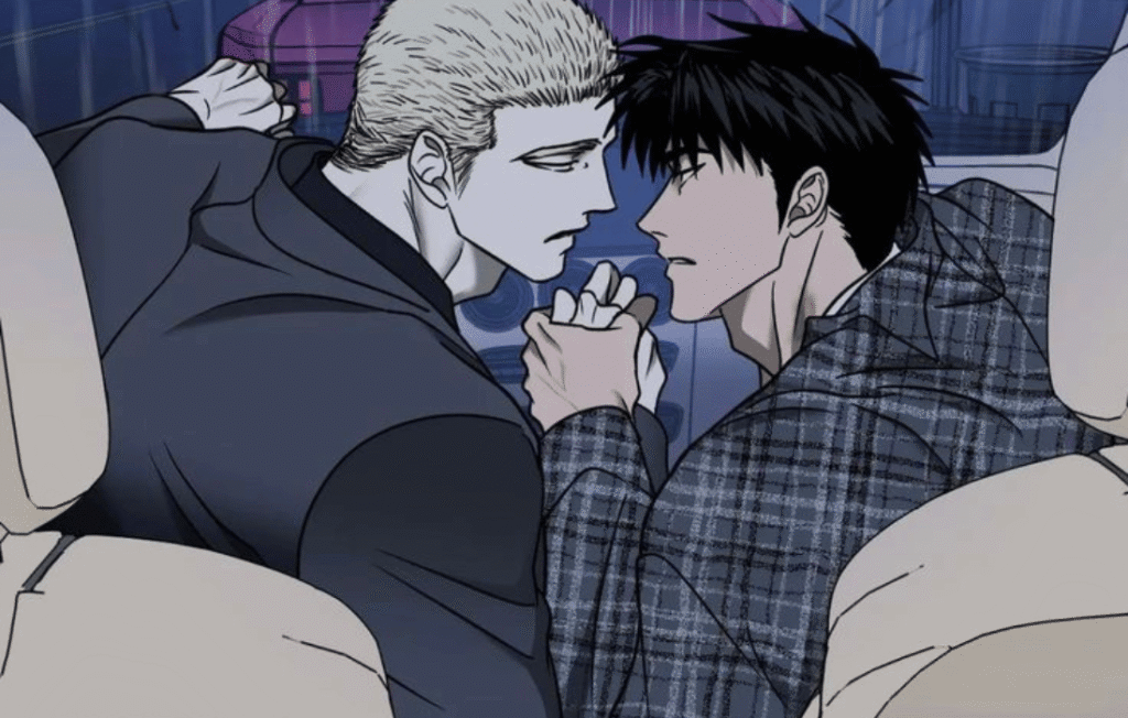 Jake Gillan and Moon Shin-gun from the Shutline manhwa in a tense car scene. The blonde Jake and dark-haired Shin-gun are face-to-face, holding hands closely in the backseat. Gritty, noir-style illustration by Kyou.