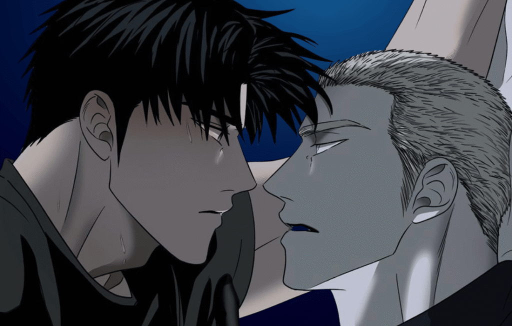 An intense close-up from the Shutline manhwa featuring Moon Shin-gun and Jake Gillan. Dark-haired Shin-gun looks down at blonde-haired Jake in a high-tension, intimate moment. The artwork uses a gritty, noir-inspired style with deep blue shadows and sharp linework by creator Kyou.