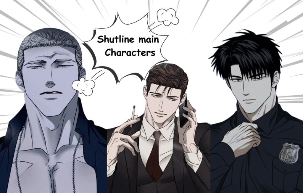 Shutline animation main characters including Jake Gillan, Moon Shin-gun, and Ross Trautvein in professional attire.