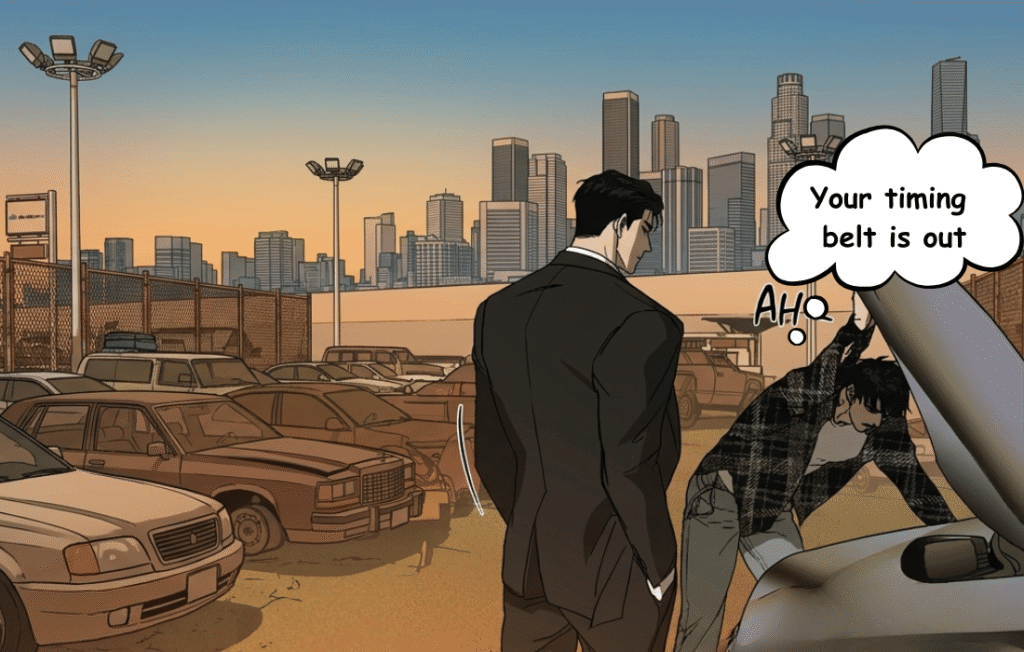 Shutline animation scene with Jake Gillan in a suit watching Moon Shin-gun fix a car at sunset.