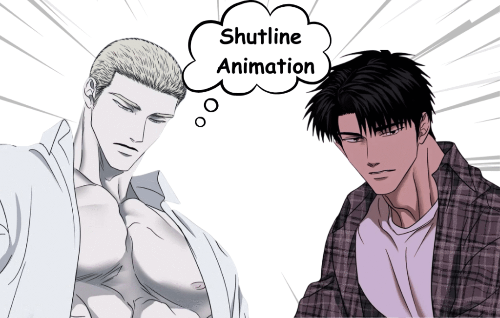 Shutline animation character art featuring Jake Gillan and Moon Shin-gun in a dramatic split-panel view.