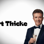 Burt Thicke in a formal blue tuxedo holding a champagne glass with bold text overlay