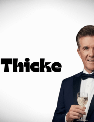 Burt Thicke in a formal blue tuxedo holding a champagne glass with bold text overlay