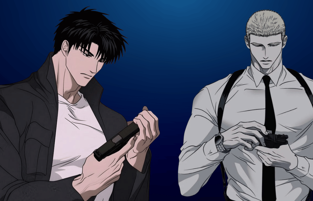 Shutline Series characters Jake and Shin preparing weapons in a tense action scene, showcasing suspense, crime drama, and intense character dynamics.