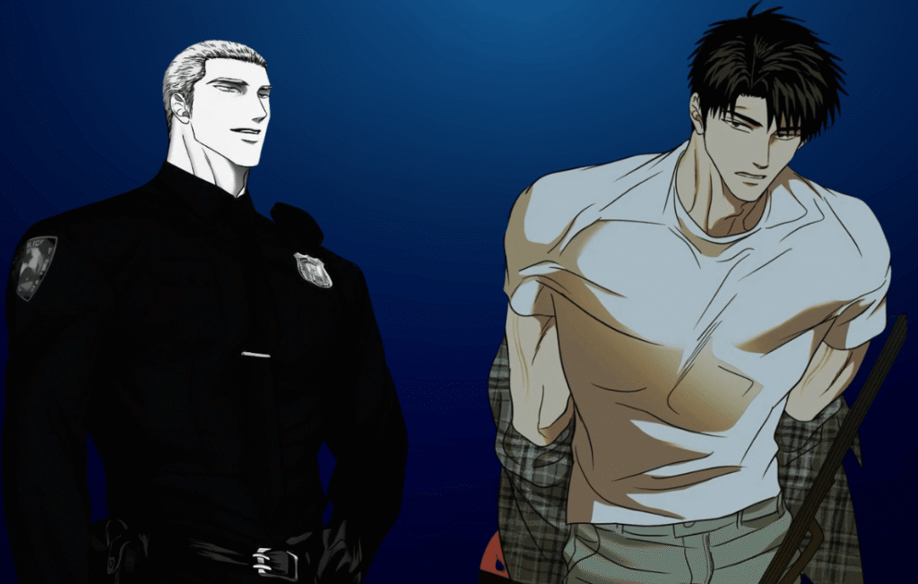 Jake and Shin from the Shutline Series standing together in a dramatic scene, featuring a police uniform, casual attire, and intense character expressions.
