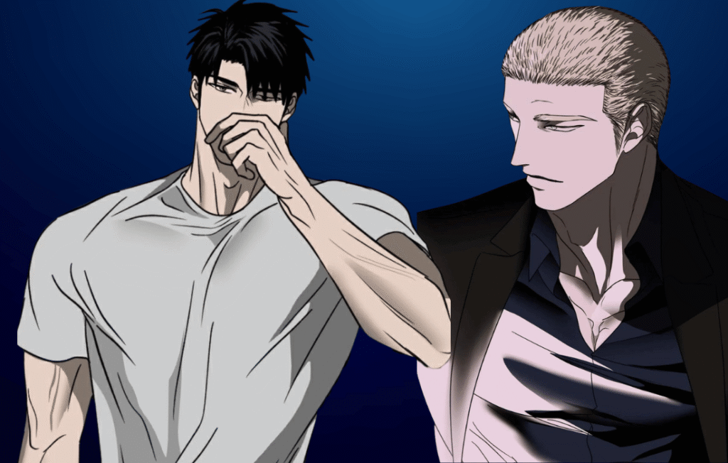 Shutline series anime-style illustration featuring two male characters in a tense conversation against a dark blue background.