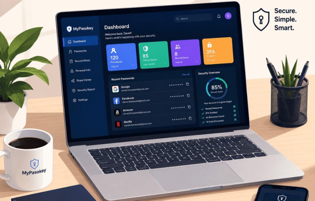 MyPasokey dashboard showing password vault, passkey management, secure login settings, account security status, and authentication controls