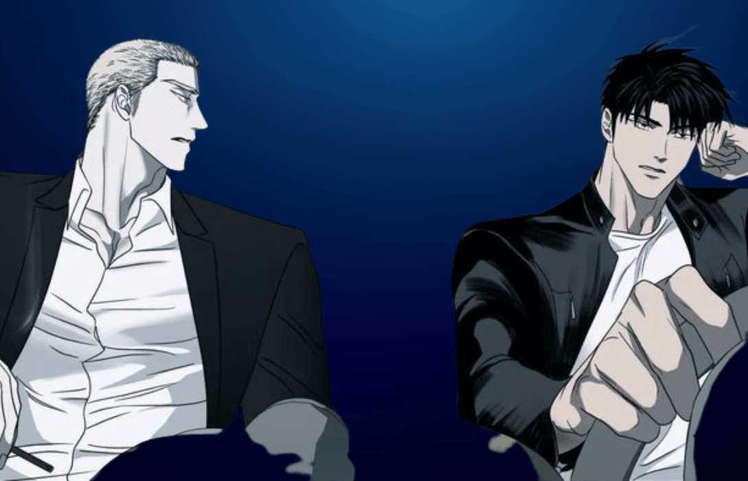 Shutline manhwa main characters Jake Gillan in a suit looking at Moon Shingun in a leather jacket on a dark blue background.