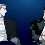 Shutline manhwa main characters Jake Gillan in a suit looking at Moon Shingun in a leather jacket on a dark blue background.