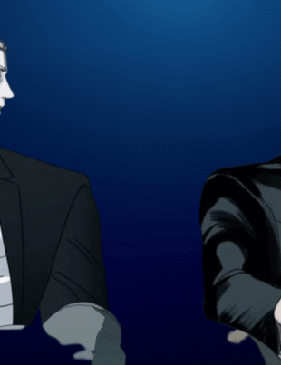 Shutline manhwa main characters Jake Gillan in a suit looking at Moon Shingun in a leather jacket on a dark blue background.