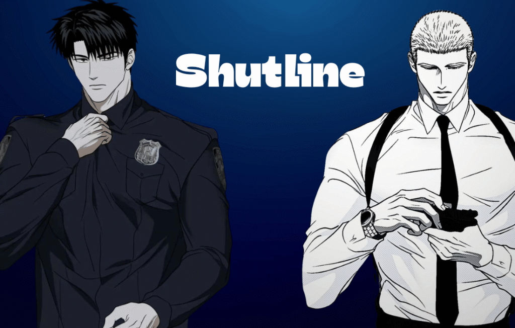 Jake and Shin standing together in a stylish and dramatic Shutline manhwa scene, featuring strong male characters with an intense expression and action-inspired background.