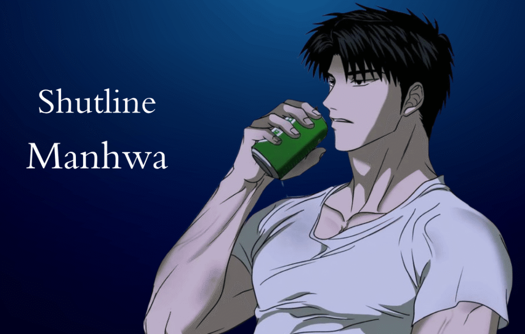 Shutline manhwa main character Moon Shingun drinking from a green can on a dark blue background.