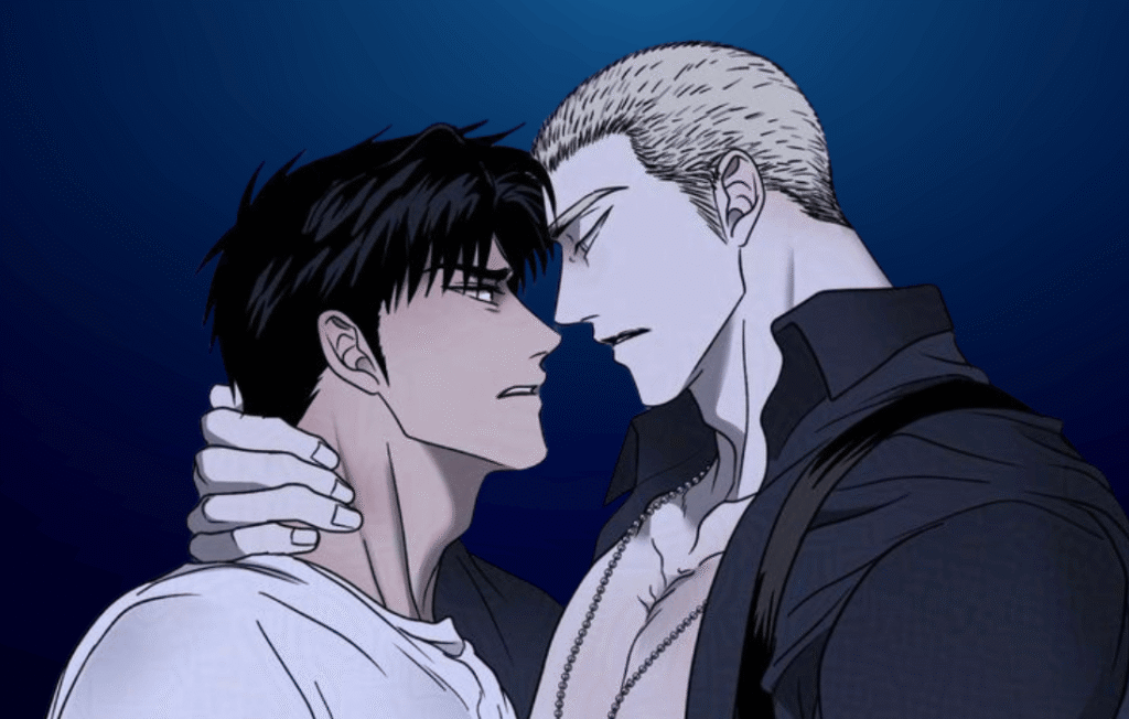 Jake and Shin standing together in a romantic moment in Shutline manhwa, showing strong chemistry, intense expressions, and a stylish anime-inspired atmosphere.