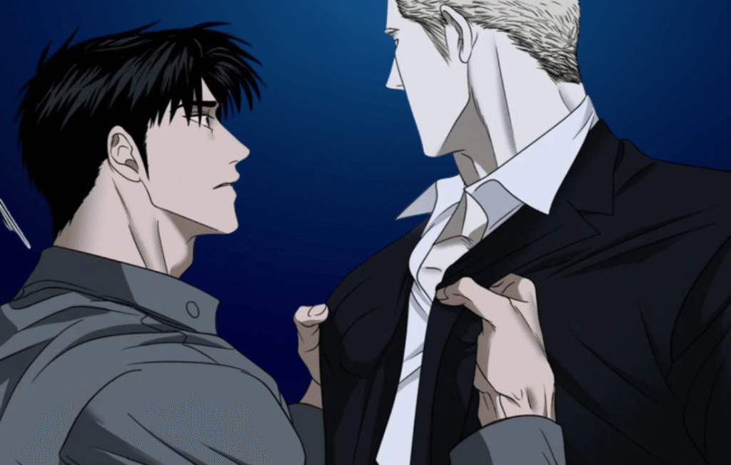 Shutline manhwa main character Moon Shingun grabbing Jake Gillan by his suit jacket during an intense confrontation.