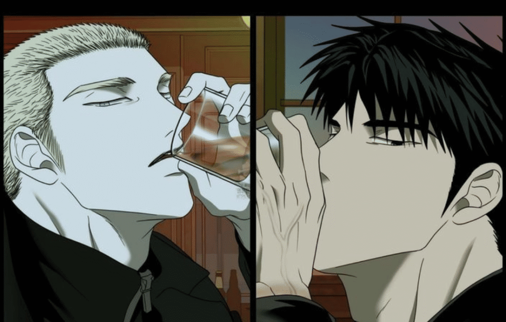 Shutline manhwa panel showing Jake Gillan drinking from a glass on the left and Moon Shingun drinking on the right.
