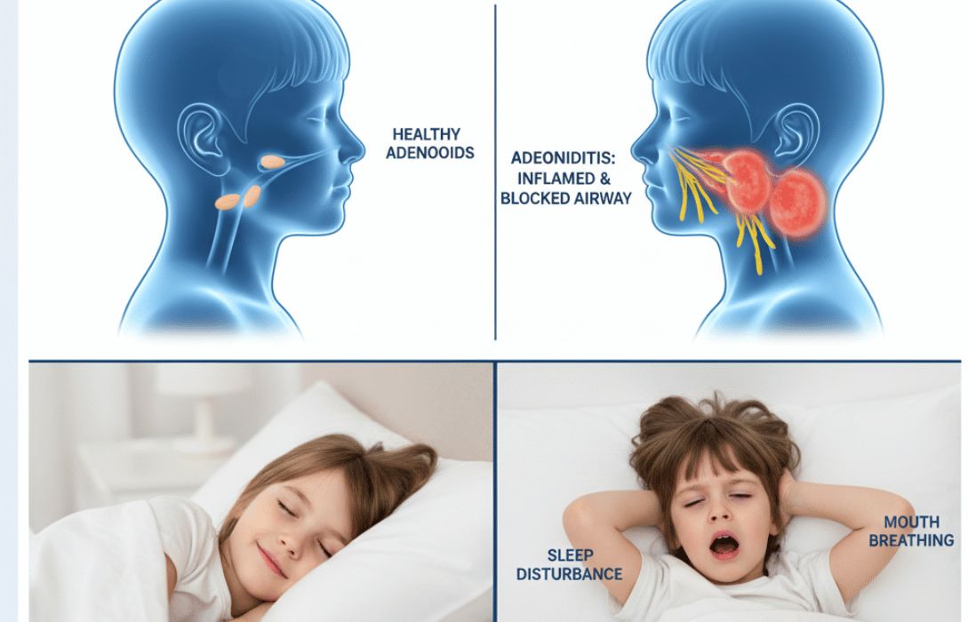 Comparison image showing healthy adenoid glands vs swollen adenoids in a child, highlighting nasal airway blockage and breathing problems