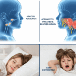 Adenoidid: Function, Problems, Symptoms and Treatment Comparison image showing healthy adenoid glands vs swollen adenoids in a child, highlighting nasal airway blockage and breathing problems
