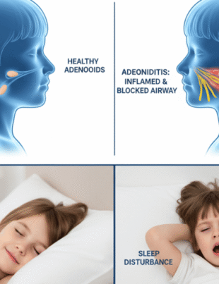 Comparison image showing healthy adenoid glands vs swollen adenoids in a child, highlighting nasal airway blockage and breathing problems