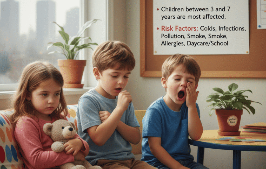 Young children affected by adenoiditis showing symptoms of nasal blockage, throat infection, and breathing discomfort in early childhood
