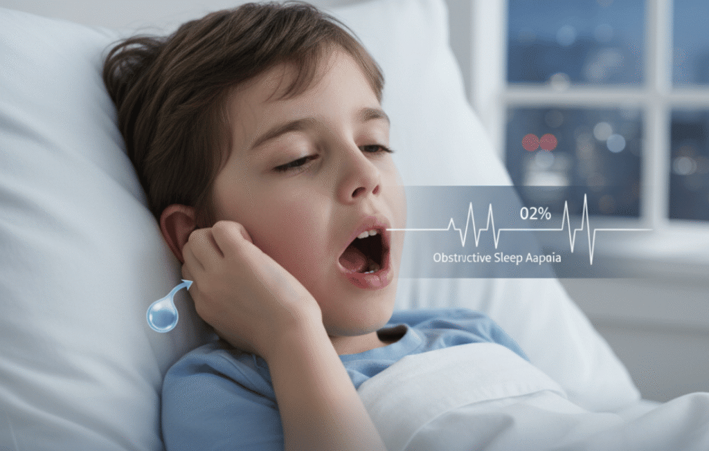 Child suffering from adenoiditis with swollen adenoids, nasal blockage, mouth breathing, and breathing discomfort