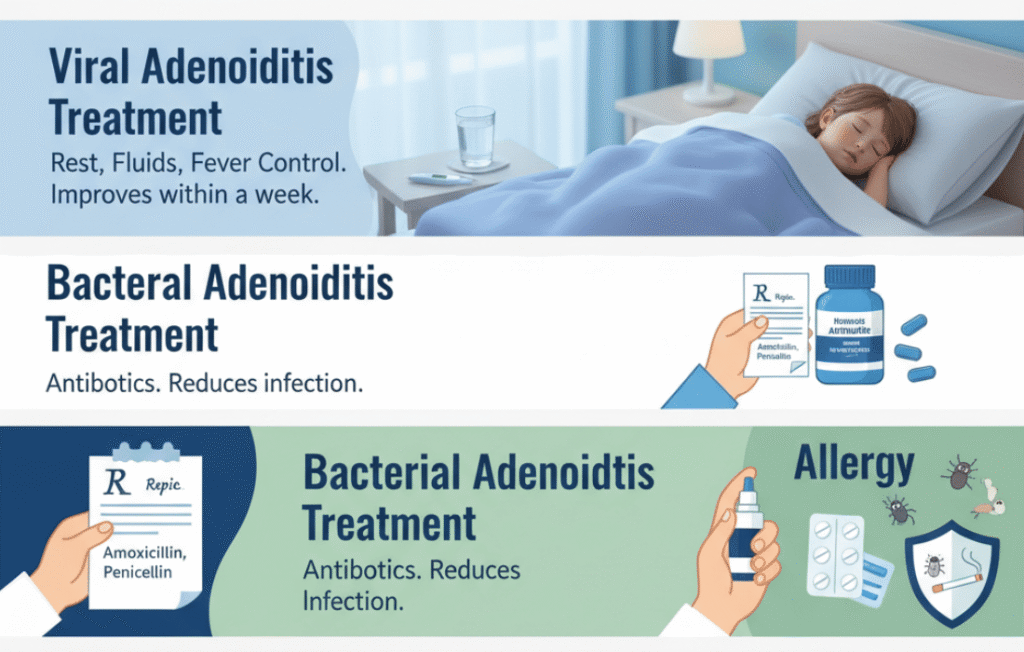 Medical infographic showing viral and bacterial adenoiditis treatment in children including rest, antibiotics, allergy management, and fever control