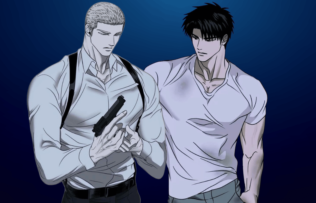 Shutline manhwa characters standing together in an intense scene, featuring muscular male leads with a handgun, dramatic expressions, and a dark blue background from the BL action romance series.