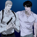 Shutline manhwa characters standing together in an intense scene, featuring muscular male leads with a handgun, dramatic expressions, and a dark blue background from the BL action romance series.