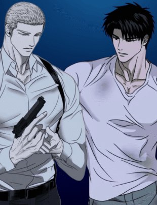 Shutline manhwa characters standing together in an intense scene, featuring muscular male leads with a handgun, dramatic expressions, and a dark blue background from the BL action romance series.