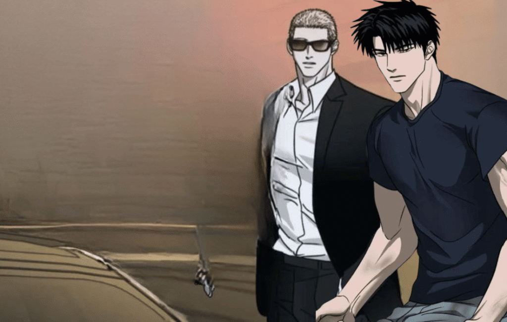 Shutline manhwa characters standing near a car in a dramatic scene, featuring one male lead in sunglasses and a suit with another muscular character in a dark shirt, creating an intense action atmosphere.