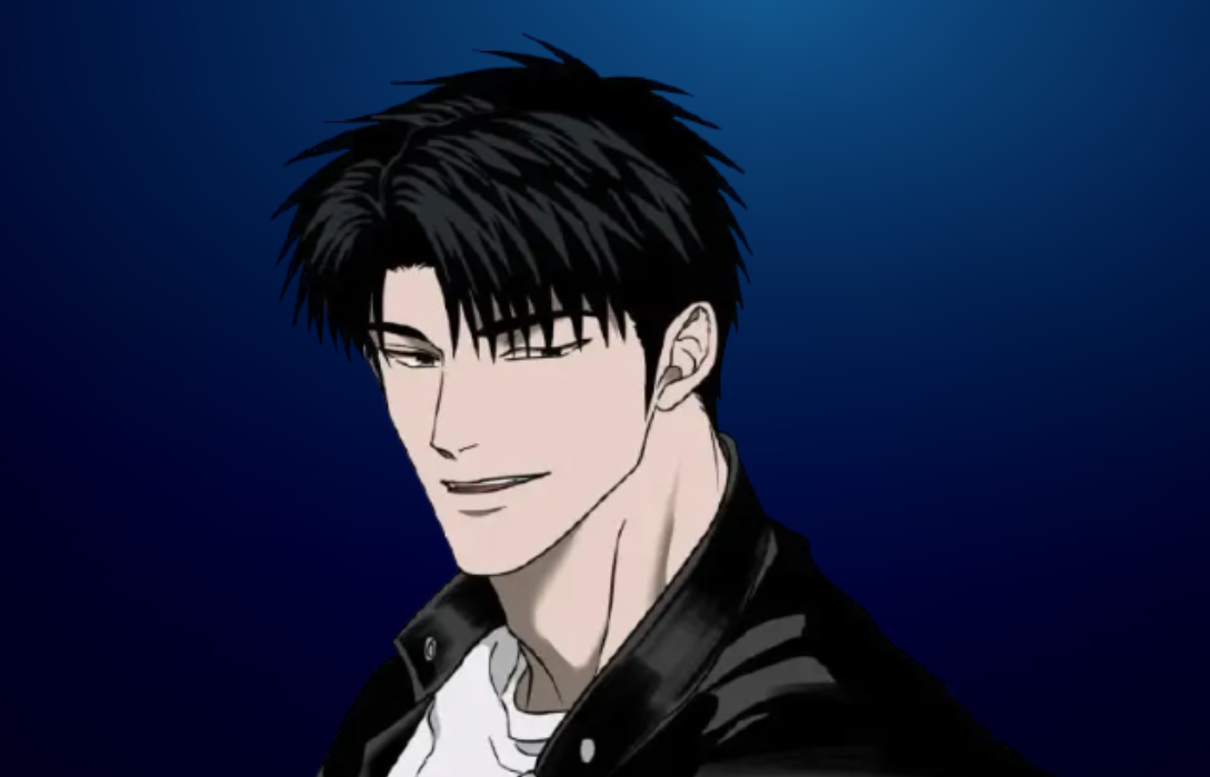 hin (Moon Shingun) from Shutline with an intense expression in a dark urban setting