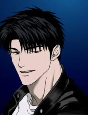 hin (Moon Shingun) from Shutline with an intense expression in a dark urban setting