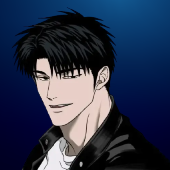 hin (Moon Shingun) from Shutline with an intense expression in a dark urban setting