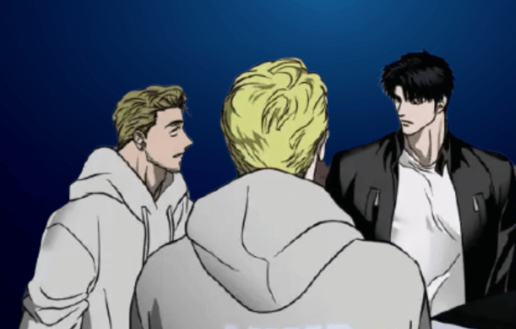 Shin from Shutline standing beside two men in a dramatic moment