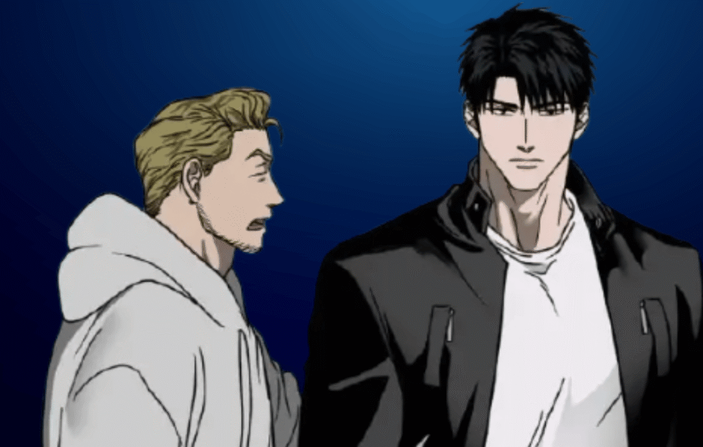 Shin standing with a man in an intense Shutline moment