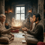 An elderly spiritual guru in an ancient stone temple passing a glowing, mystical bowl to a young man during an Antarvacna meditation ritual.