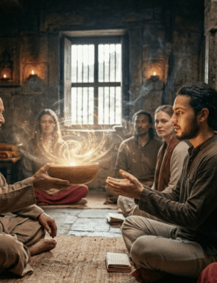An elderly spiritual guru in an ancient stone temple passing a glowing, mystical bowl to a young man during an Antarvacna meditation ritual.