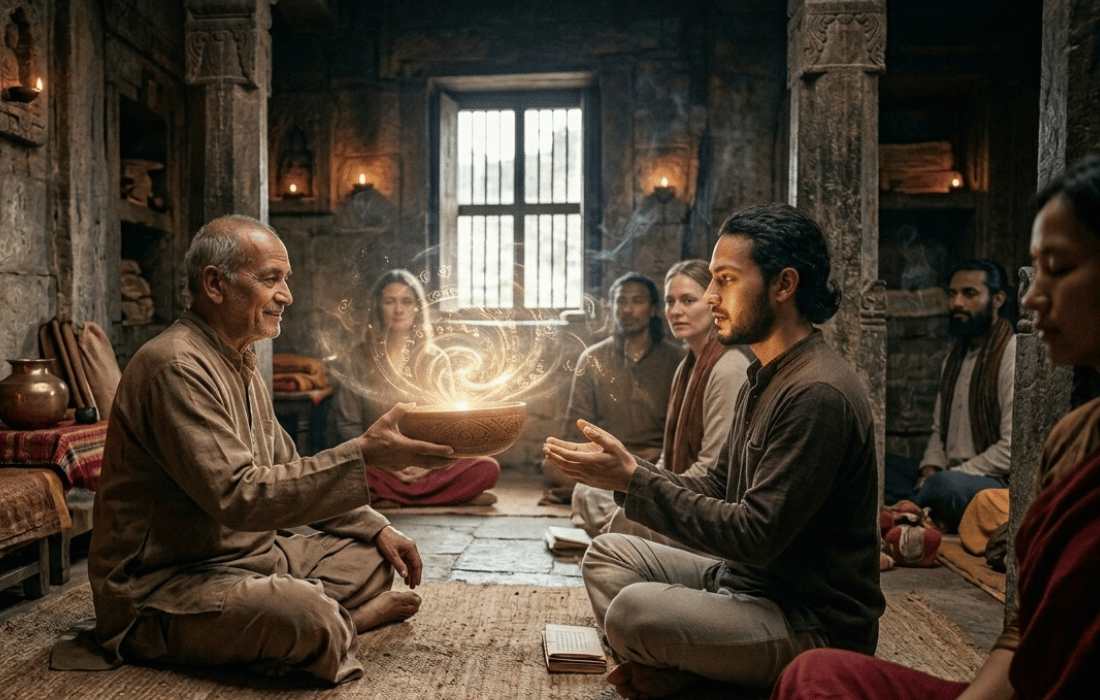 An elderly spiritual guru in an ancient stone temple passing a glowing, mystical bowl to a young man during an Antarvacna meditation ritual.