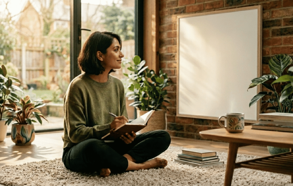 A smiling woman sitting cross-legged on a rug, journaling in a notebook within a cozy, sunlit living room with houseplants.