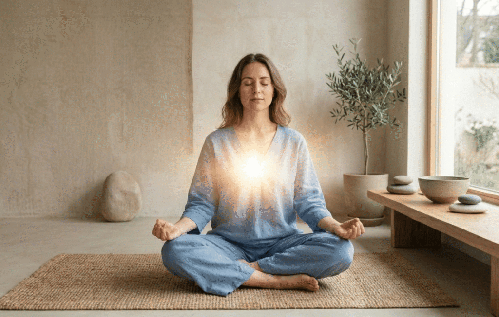 A woman meditating cross-legged on a mat with a glowing light shining from her heart chakra in a minimalist room.
