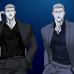 An illustration of Jake Gillan from Shutline in two different stylish suits against a dark blue gradient background.