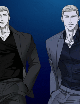 An illustration of Jake Gillan from Shutline in two different stylish suits against a dark blue gradient background.